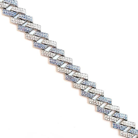 Silver & Blue Iced-Out Tilted Cuban Gem Link Chain Necklace (20"-28")