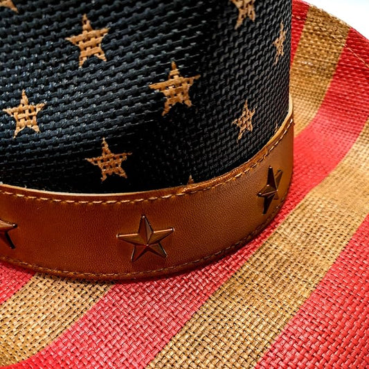 STRAW COWBOY HAT - American Flag Pattern with Bronze Star Band (Adult Size)