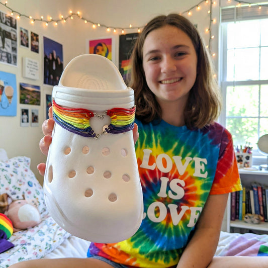 RAINBOW HEART CLOG STRAP - Woven Metal Heart, Rivet Band (Adjustable Length)