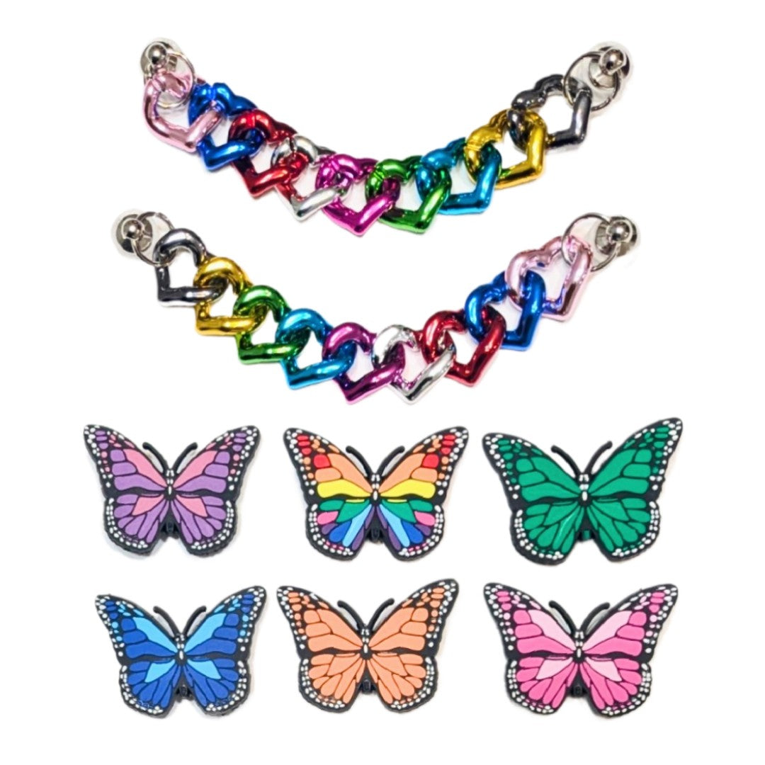 BUTTERFLY SHOE CHARM COLLECTION (Pack of 8) Rainbow Colors, Set of Essentials with Chains