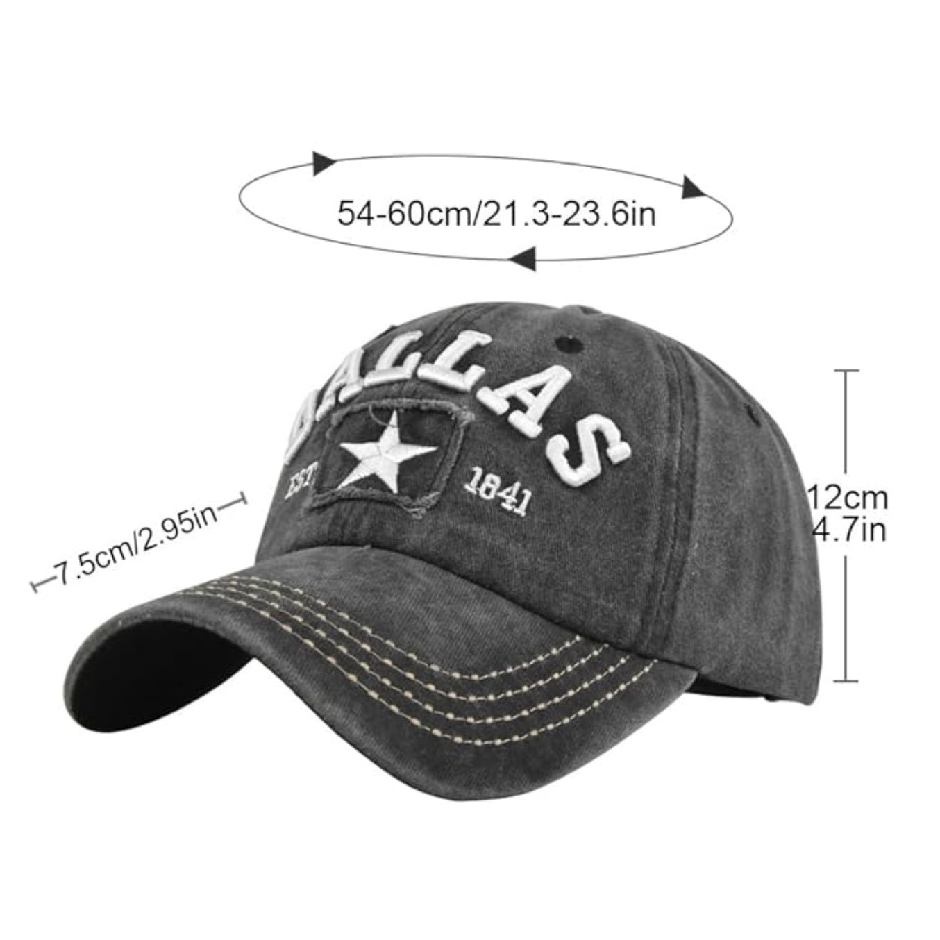 DALLAS DISTRESSED BASEBALL HAT, Black, Embroidered Cap, Adjustable Size (Adult)