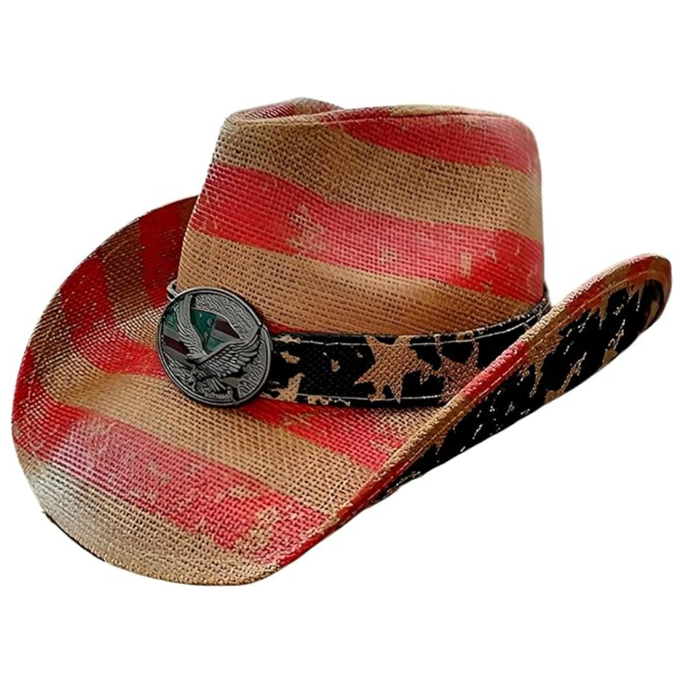 STRAW COWBOY HAT - American Flag Pattern with Eagle Concho Band (Adult Size)