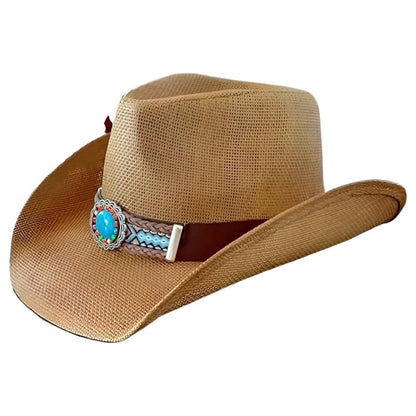STRAW COWBOY HAT - Light Brown with Turquoise Concho Band (Adult Size)