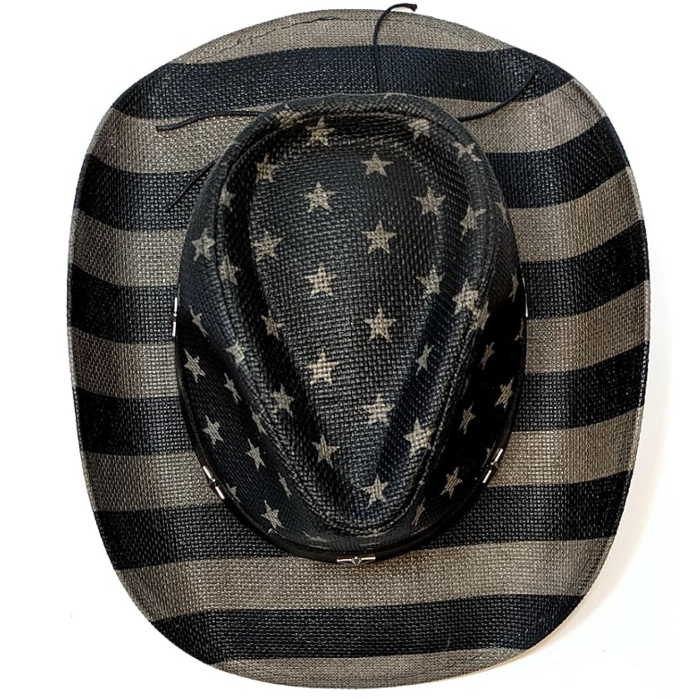 STRAW COWBOY HAT - Gray USA Flag Pattern with Striped Brim (Adult Size)