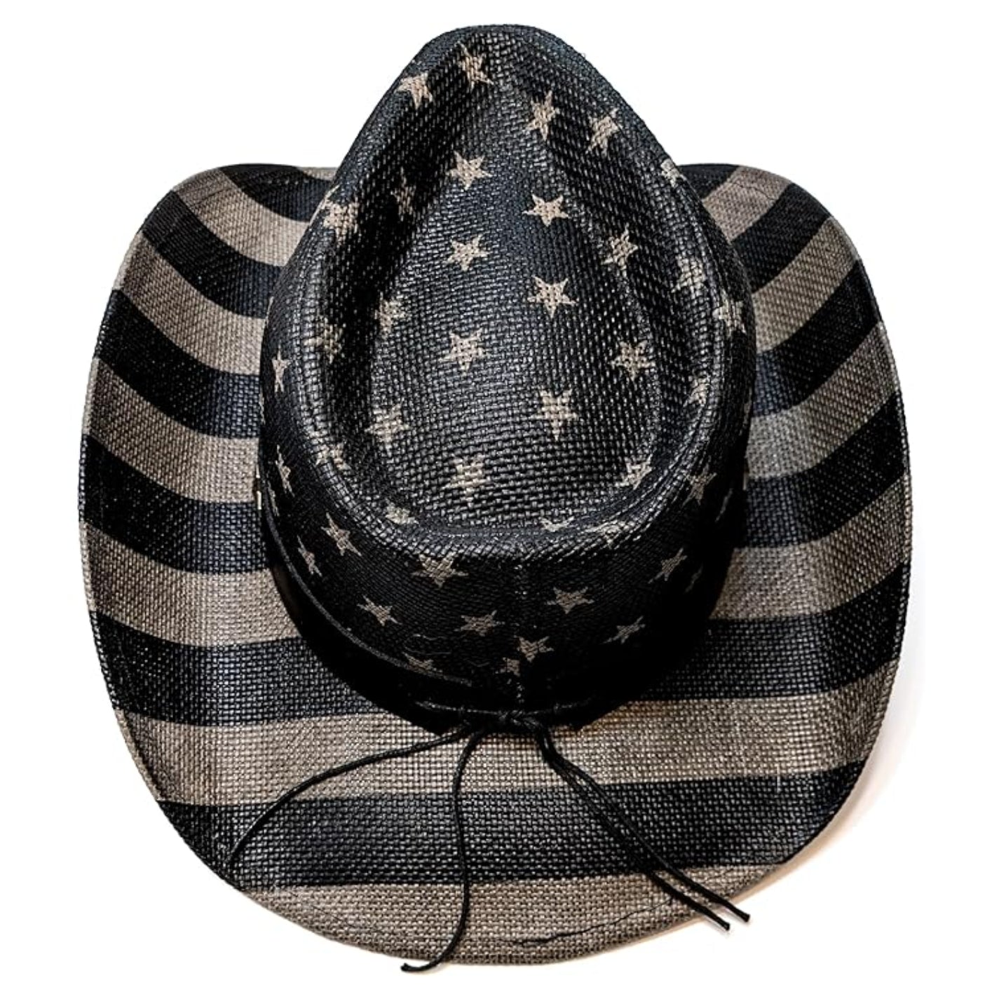 STRAW COWBOY HAT - Gray USA Flag Pattern with Striped Brim (Adult Size)