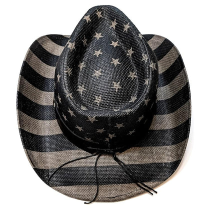 STRAW COWBOY HAT - Gray USA Flag Pattern with Striped Brim (Adult Size)