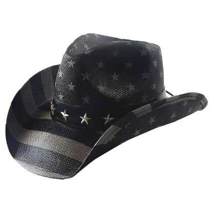 STRAW COWBOY HAT - Gray USA Flag Pattern with Striped Brim (Adult Size)