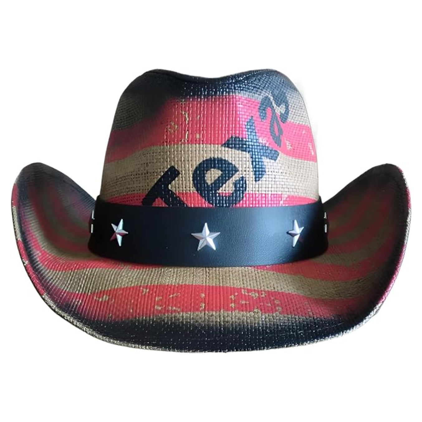 STRAW COWBOY HAT - Striped Flag Pattern with Texas Print (Adult Size)