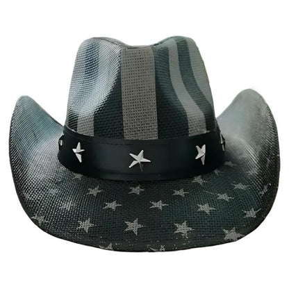 STRAW COWBOY HAT - Gray USA Flag Pattern with Star Brim (Adult Size)