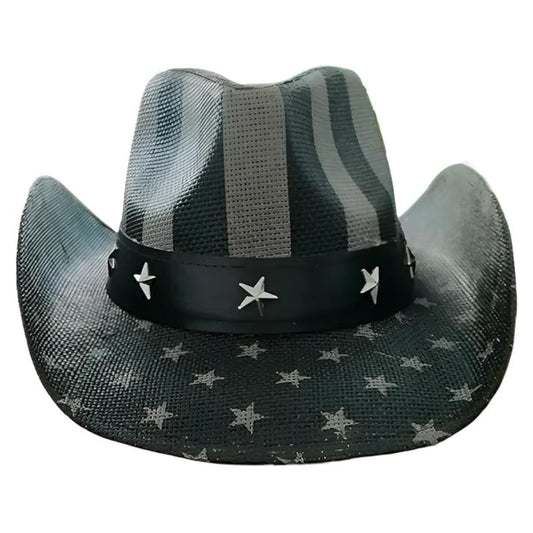 STRAW COWBOY HAT - Gray USA Flag Pattern with Star Brim (Adult Size)