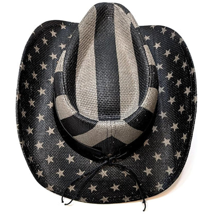 STRAW COWBOY HAT - Gray USA Flag Pattern with Star Brim (Adult Size)