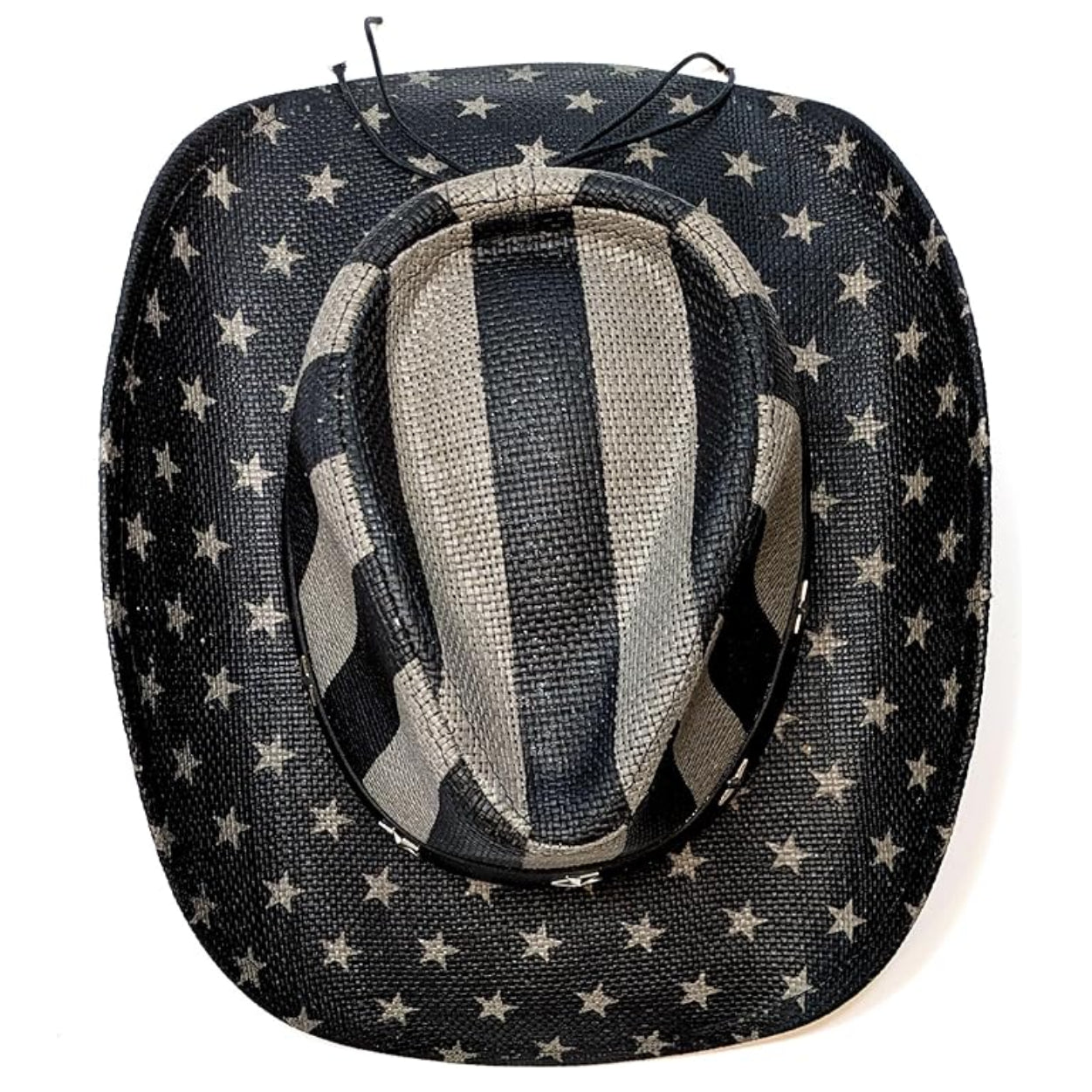 STRAW COWBOY HAT - Gray USA Flag Pattern with Star Brim (Adult Size)
