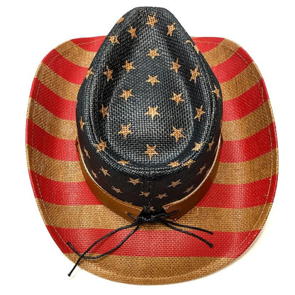 STRAW COWBOY HAT - American Flag Pattern with Bronze Star Band (Adult Size)