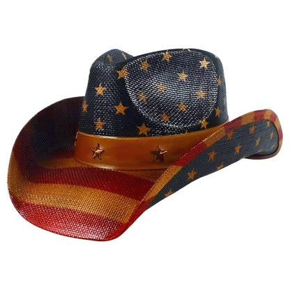 STRAW COWBOY HAT - American Flag Pattern with Bronze Star Band (Adult Size)