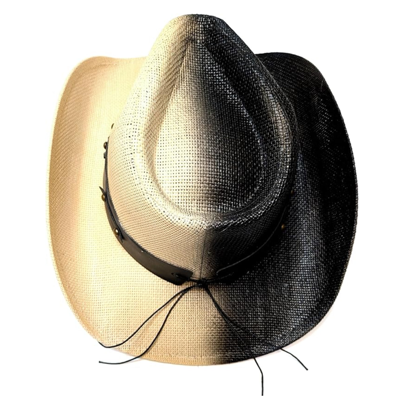 STRAW COWBOY HAT - Black & Beige with Longhorn Accent Band (Adult Size)