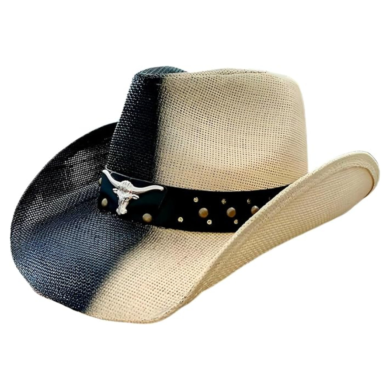 STRAW COWBOY HAT - Black & Beige with Longhorn Accent Band (Adult Size)