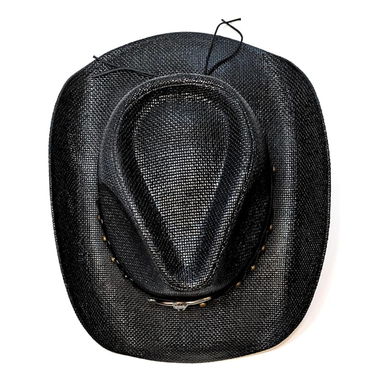 STRAW COWBOY HAT - Black with Longhorn Accent Band (Adult Size)