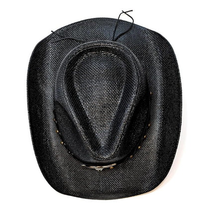 STRAW COWBOY HAT - Black with Longhorn Accent Band (Adult Size)