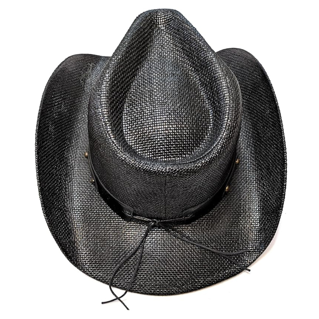 STRAW COWBOY HAT - Black with Longhorn Accent Band (Adult Size)