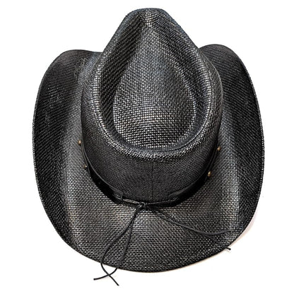 STRAW COWBOY HAT - Black with Longhorn Accent Band (Adult Size)