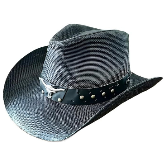 STRAW COWBOY HAT - Black with Longhorn Accent Band (Adult Size)