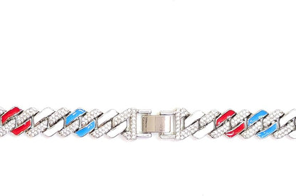 Silver, Red White & Blue Iced-Out Tilted Cuban Gem Link Chain Necklace (20"-28")