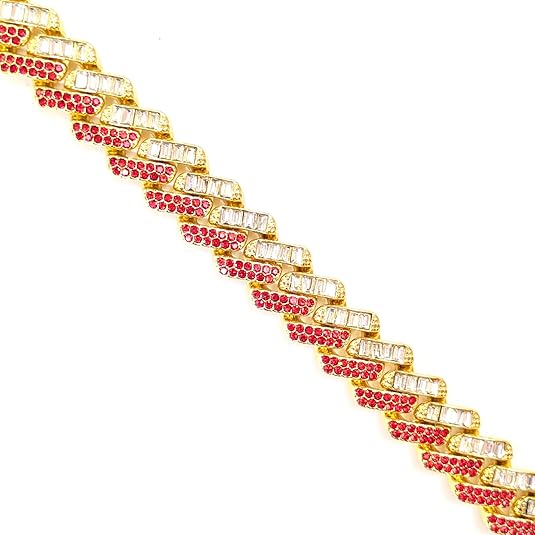 Gold, Red & White Thick Iced-Out Tilted Cuban Gem Link Chain Necklace (20"-28")