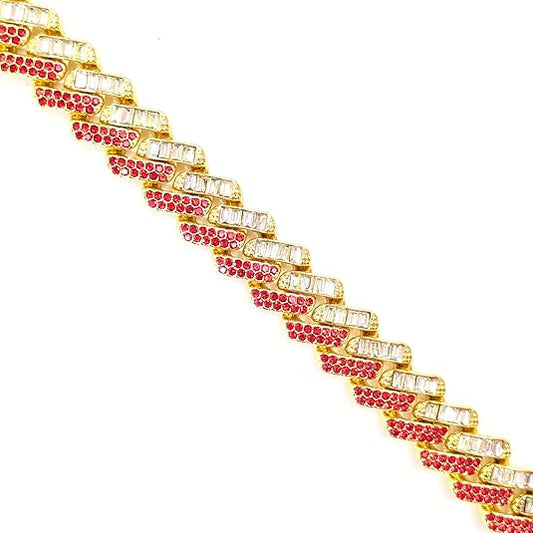 Gold, Red & White Thick Iced-Out Tilted Cuban Gem Link Chain Necklace (20"-28")