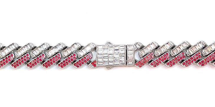 Silver, Red & White Thick Iced-Out Tilted Cuban Gem Link Chain Necklace (20"-28")