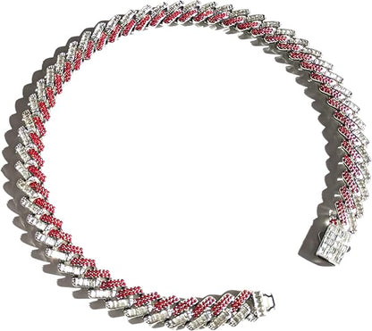 Silver, Red & White Thick Iced-Out Tilted Cuban Gem Link Chain Necklace (20"-28")