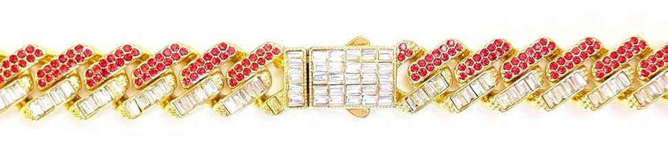 Gold, Red & White Thick Iced-Out Tilted Cuban Gem Link Chain Necklace (20"-28")