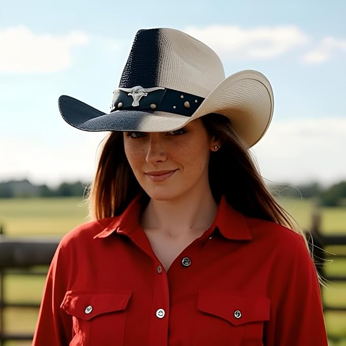 STRAW COWBOY HAT - Black & Beige with Longhorn Accent Band (Adult Size)