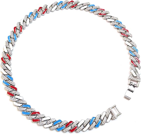 Silver, Red White & Blue Iced-Out Tilted Cuban Gem Link Chain Necklace (20"-28")