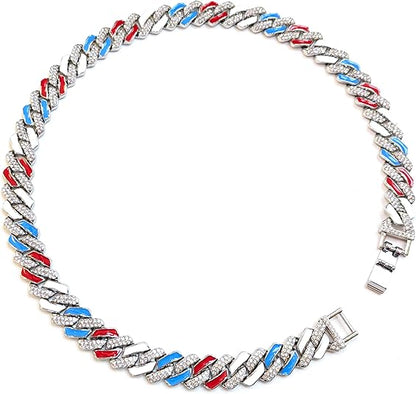 Silver, Red White & Blue Iced-Out Tilted Cuban Gem Link Chain Necklace (20"-28")