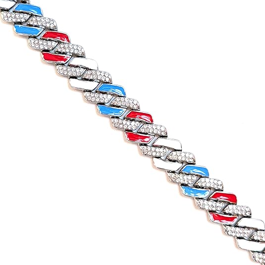 Silver, Red White & Blue Iced-Out Tilted Cuban Gem Link Chain Necklace (20"-28")