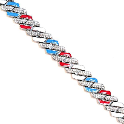 Silver, Red White & Blue Iced-Out Tilted Cuban Gem Link Chain Necklace (20"-28")