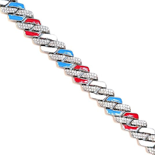 Silver, Red White & Blue Iced-Out Tilted Cuban Gem Link Chain Necklace (20"-28")