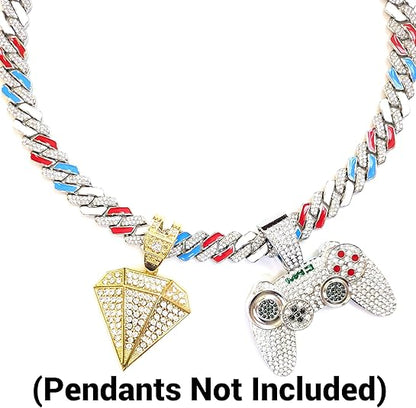 Silver, Red White & Blue Iced-Out Tilted Cuban Gem Link Chain Necklace (20"-28")