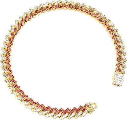 Gold, Red & White Thick Iced-Out Tilted Cuban Gem Link Chain Necklace (20"-28")