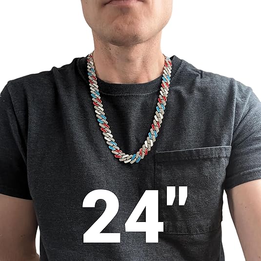 Silver, Red White & Blue Iced-Out Tilted Cuban Gem Link Chain Necklace (20"-28")
