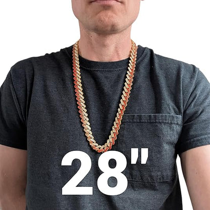 Gold, Red & White Thick Iced-Out Tilted Cuban Gem Link Chain Necklace (20"-28")