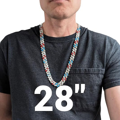 Silver, Red White & Blue Iced-Out Tilted Cuban Gem Link Chain Necklace (20"-28")