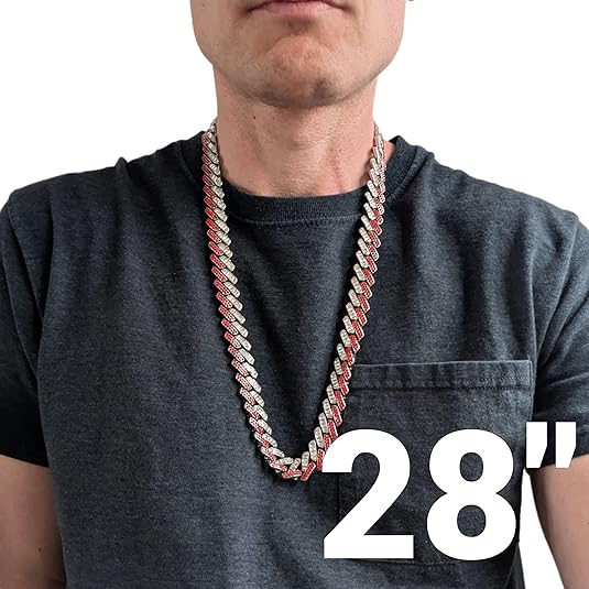 Silver, Red & White Thick Iced-Out Tilted Cuban Gem Link Chain Necklace (20"-28")