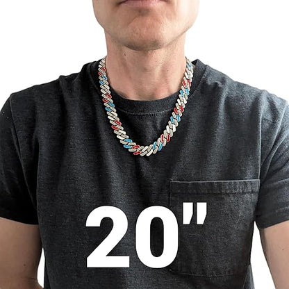 Silver, Red White & Blue Iced-Out Tilted Cuban Gem Link Chain Necklace (20"-28")