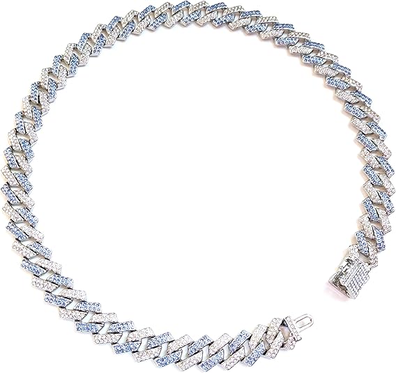 Silver & Blue Iced-Out Tilted Cuban Gem Link Chain Necklace (20"-28")