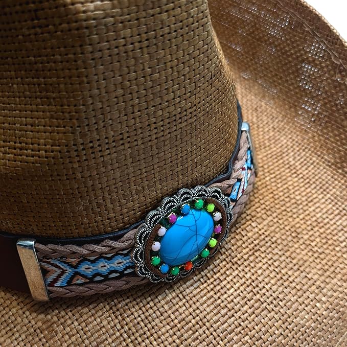 STRAW COWBOY HAT - Light Brown with Turquoise Concho Band (Adult Size)
