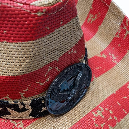 STRAW COWBOY HAT - American Flag Pattern with Eagle Concho Band (Adult Size)