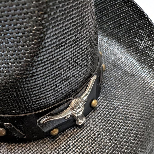 STRAW COWBOY HAT - Black with Longhorn Accent Band (Adult Size)
