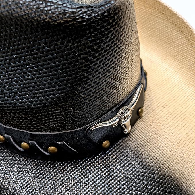 STRAW COWBOY HAT - Black & Beige with Longhorn Accent Band (Adult Size)