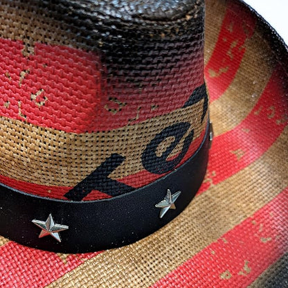 STRAW COWBOY HAT - Striped Flag Pattern with Texas Print (Adult Size)